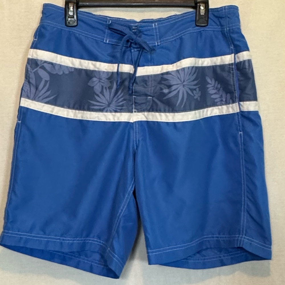G-41 Men’s Chaps Blue & White Stripe & Floral Lined Summer‎ Swim Board Shorts